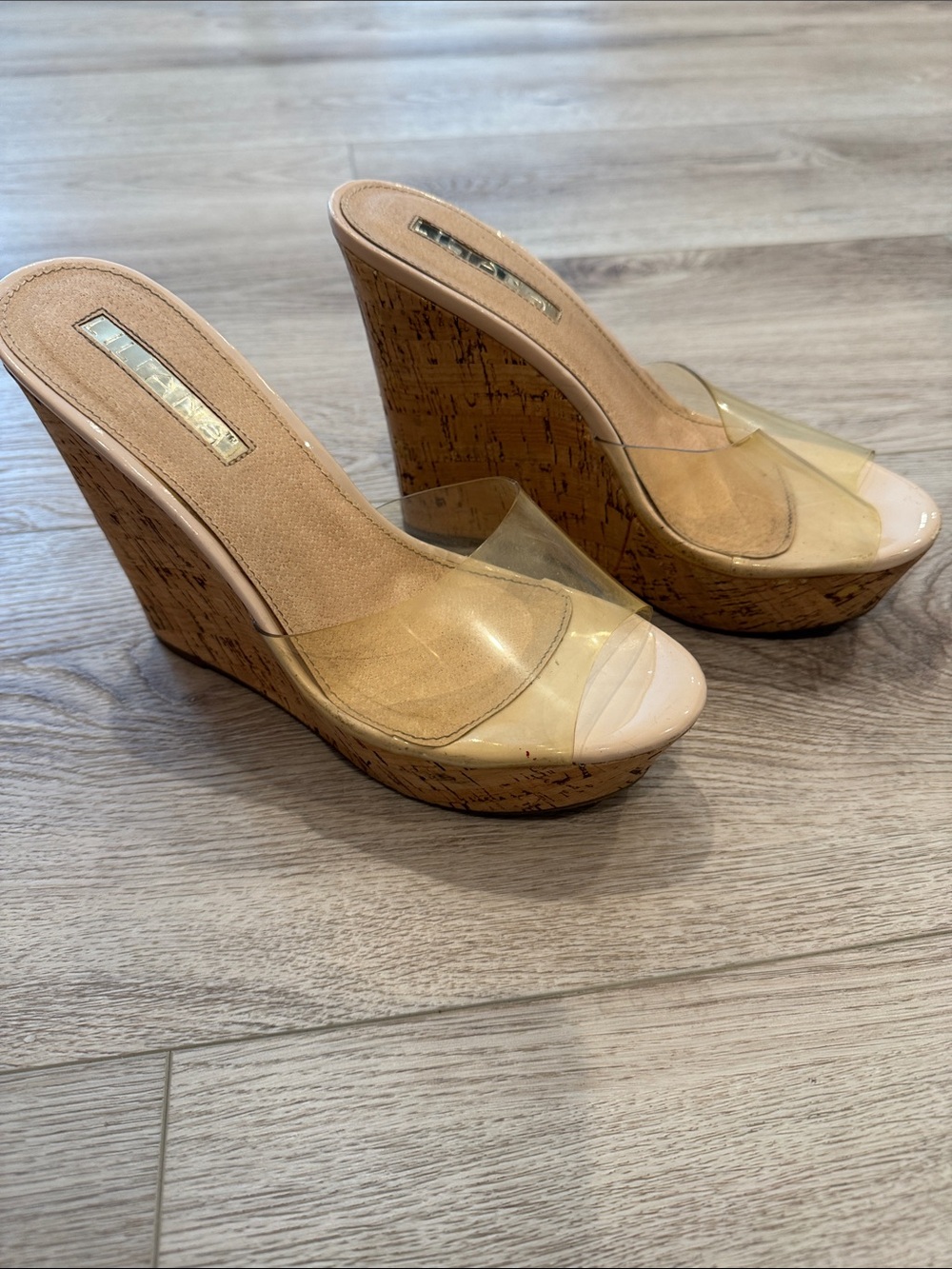 Women's Nude Cork Wedge Sandals with Clear Strap